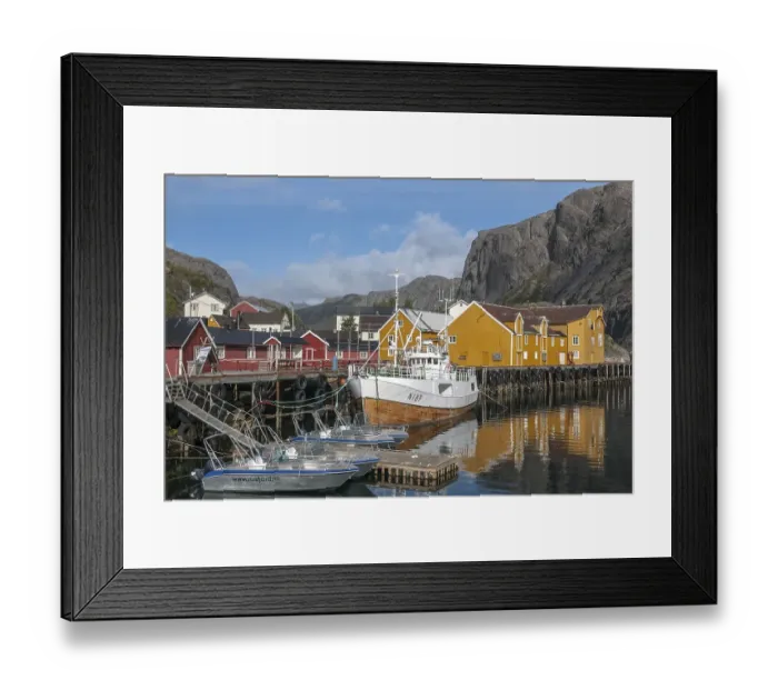 Framed Print : Houses and harbour in the village of Nusfjord on Flakstadoya Island Framed Print : Houses and harbour in the village of Nusfjord on Flakstadoya Island