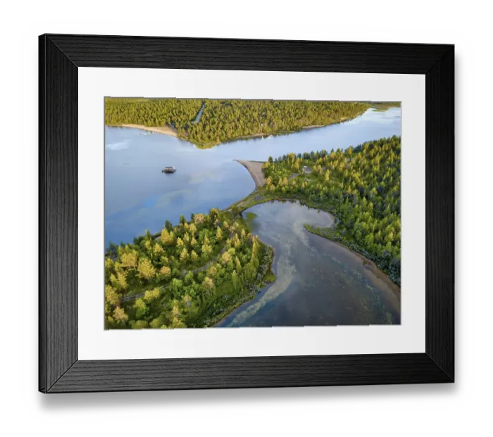 Framed Print : Drone view, aerial photo of floating house in Vuontisjaervi