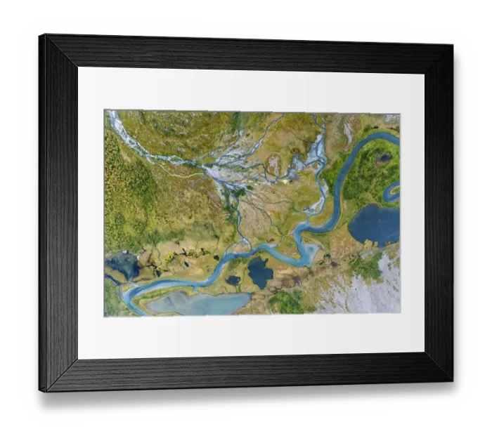 Framed Print : Aerial view, meandering river landscape in the Rapa Valley near Kebnekaise