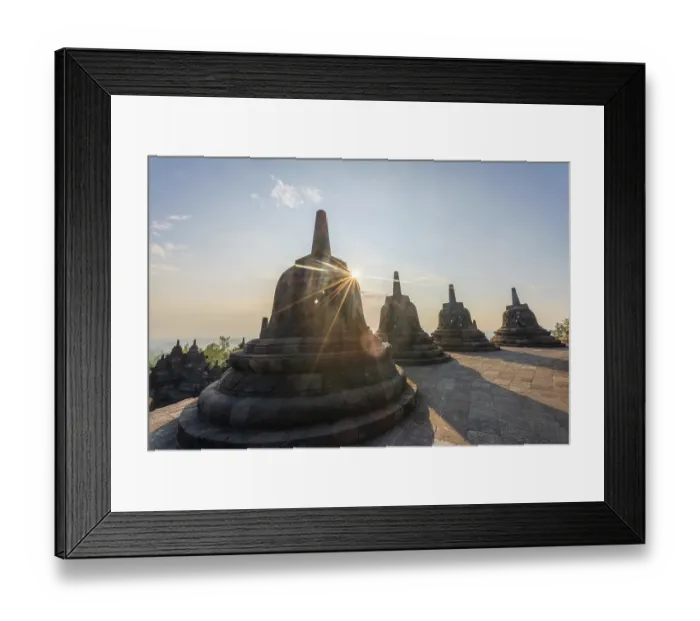 Framed Print : Borobudur temple at sunrise, stupas
