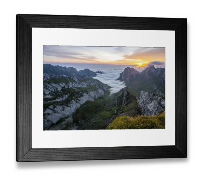 Framed Print : View over Saentis mountains into the valley of Meglisalp at sunrise