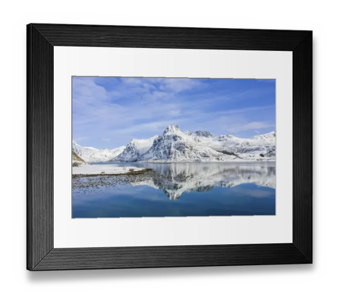 Framed Print : Mountains at Kilan are reflected in Fjord Framed Print : Mountains at Kilan are reflected in Fjord