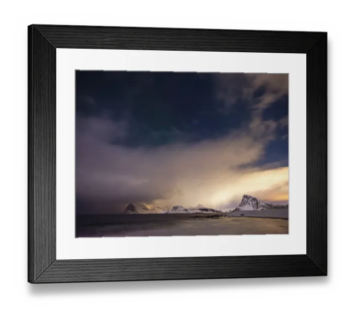 Framed Print : Snow-capped mountains on the coast at night Framed Print : Snow-capped mountains on the coast at night