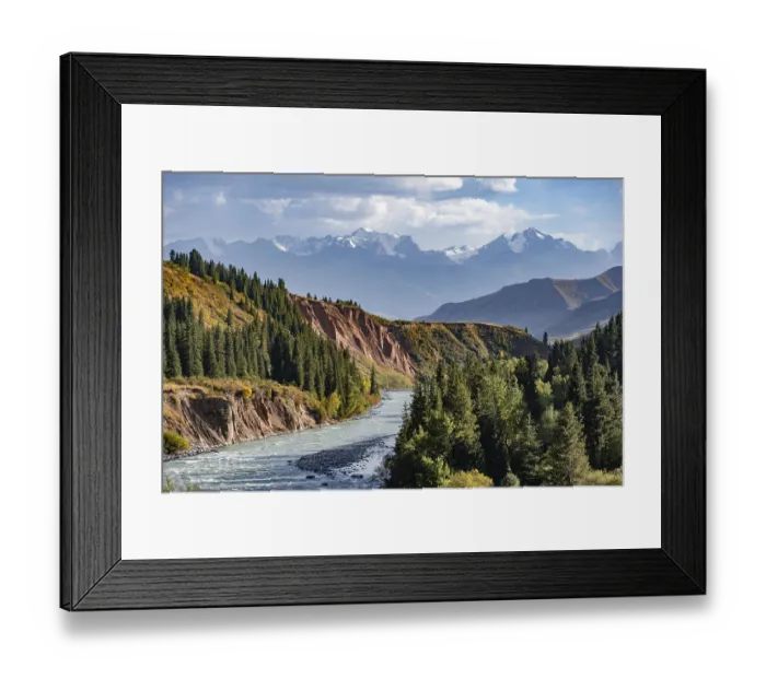 Framed Print : Naryn River and mountain panorama in autumn