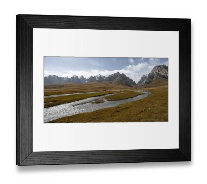 Framed Print : Kol Suu River between autumnal yellow meadows with mountain panorama of the Keltan Mountains Framed Print : Kol Suu River between autumnal yellow meadows with mountain panorama of the Keltan Mountains