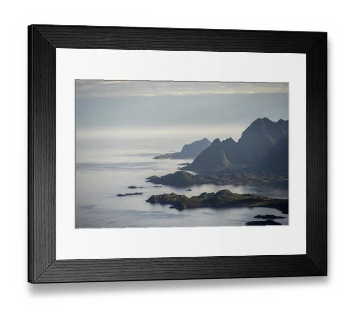 Framed Print : View of the coast in Ulvagsundet fjord and mountains in the evening light Framed Print : View of the coast in Ulvagsundet fjord and mountains in the evening light