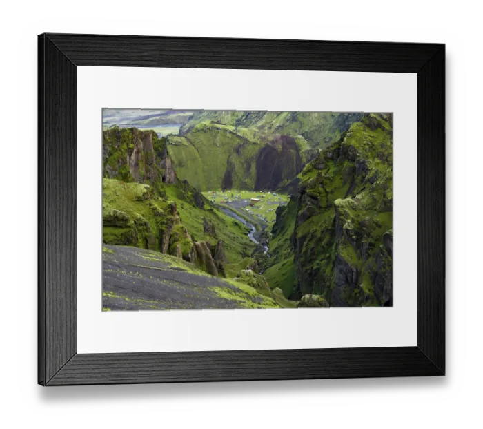 Framed Print : Campsite in a canyon, Moss-covered volcanic mountain landscape