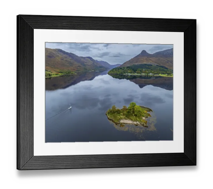 Framed Print : Mountains reflected in fjord, coast Framed Print : Mountains reflected in fjord, coast