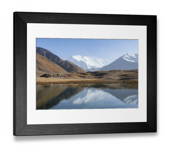 Framed Print : Yurts, mountains reflected in a small mountain lake