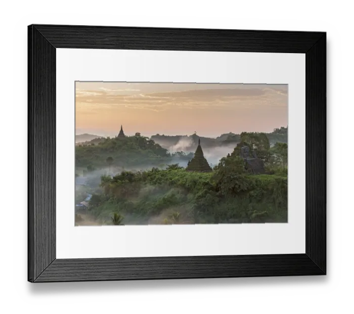 Framed Print : Mist over hills and stupas of Mrauk U at sunrise