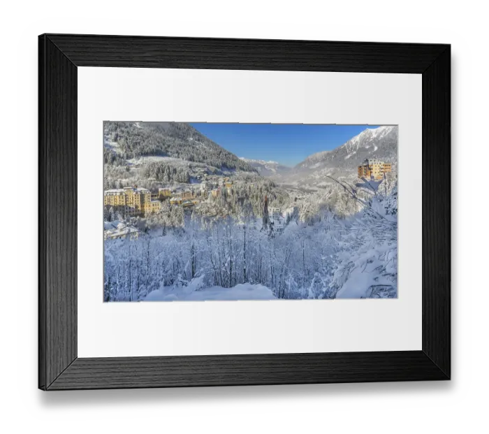 Framed Print : Snow-covered winter panorama of the village and valley