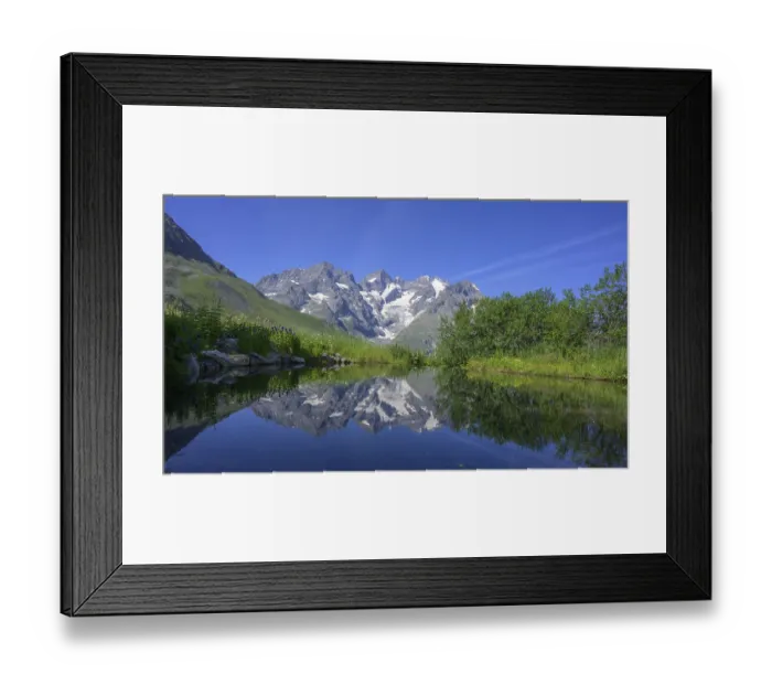 Framed Print : Pointe Piaget and La Meije reflected in the pond of the botanical garden Jardin du Lautaret