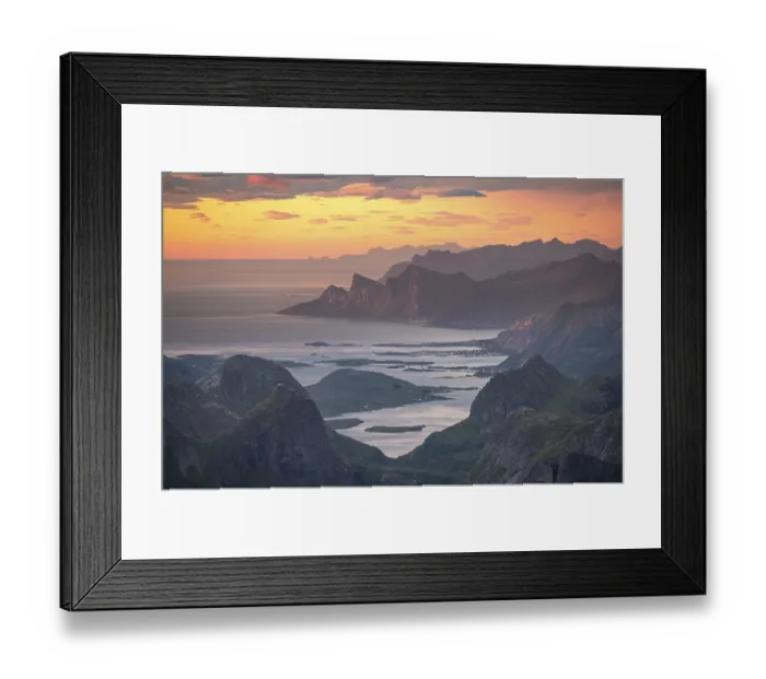 Framed Print : View over mountain top and sea to Fredvang Framed Print : View over mountain top and sea to Fredvang