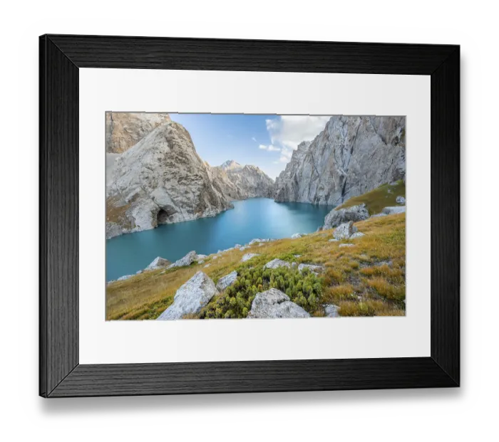 Framed Print : Turquoise mountain lake Kol Suu with rocky steep mountains