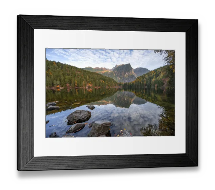 Framed Print : Mountain peaks of the Oetztal Alps reflected in Lake Piburger See Framed Print : Mountain peaks of the Oetztal Alps reflected in Lake Piburger See