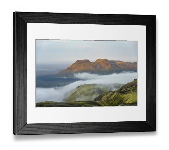 Framed Print : Fog between mountains, moss-covered volcanic mountain landscape