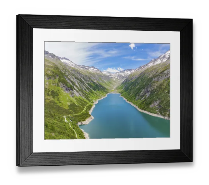 Framed Print : Blue lake, surrounded by high mountains and green Framed Print : Blue lake, surrounded by high mountains and green