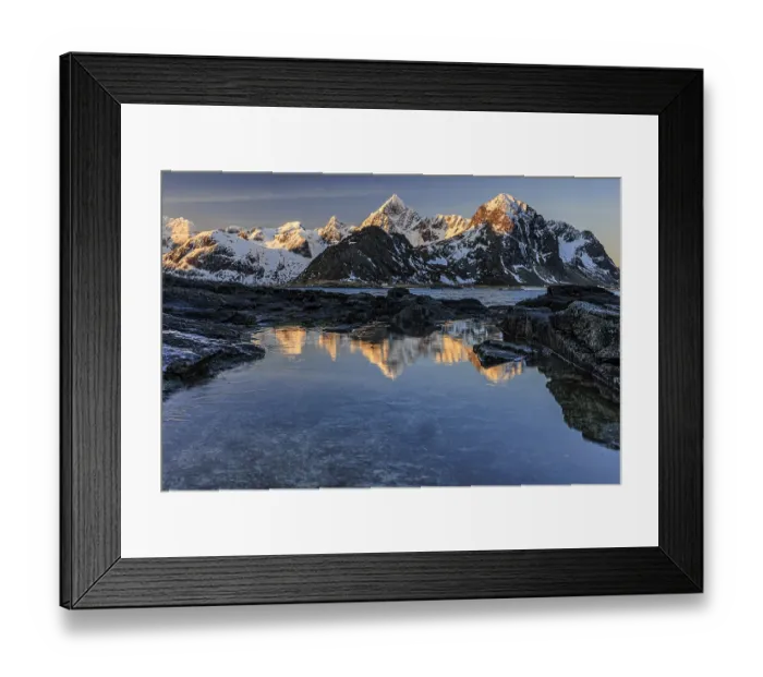 Framed Print : Sunrise, morning light, steep mountains by the sea