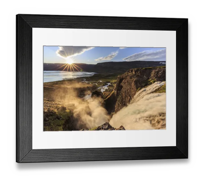 Framed Print : Waterfall, midnight sun, sun star Framed Print : Waterfall, midnight sun, sun star