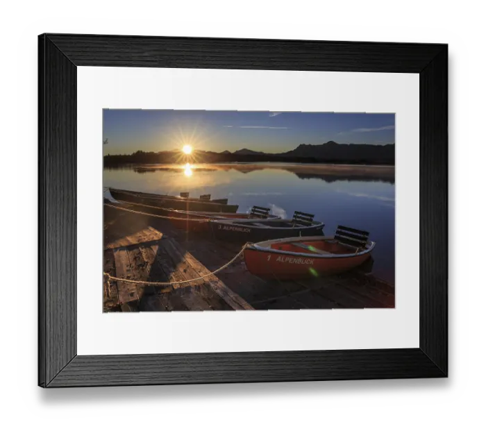 Framed Print : Rowing boats, sunrise, lake, mountains reflected in water Framed Print : Rowing boats, sunrise, lake, mountains reflected in water