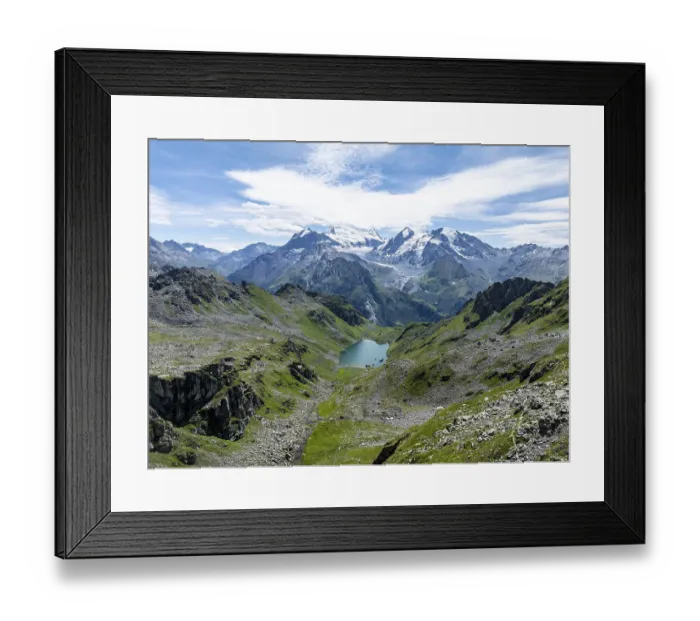 Framed Print : Mountain stream and mountain lake Lac de Louvie with glaciated summit of the Grand Combin