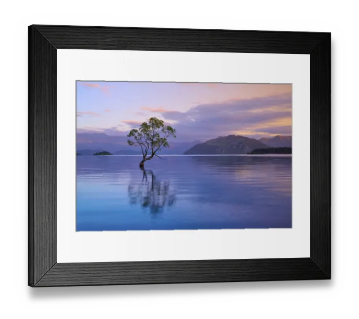Framed Print : A tree reflected in a lake surrounded by mountains at dusk