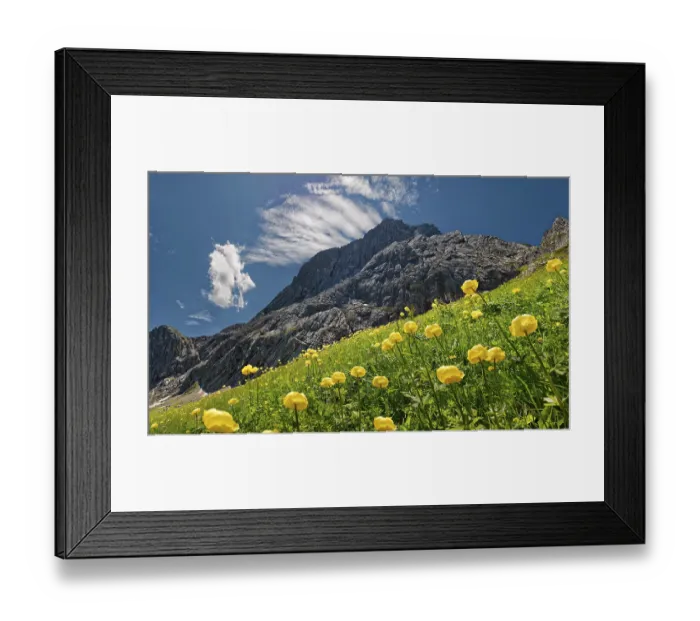 Framed Print : A summery mountain landscape with blue sky