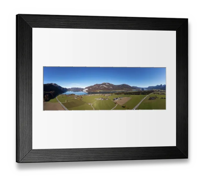 Framed Print : Drone shot, panoramic view of the village of Abersee with Wolfgangsee and Schafberg