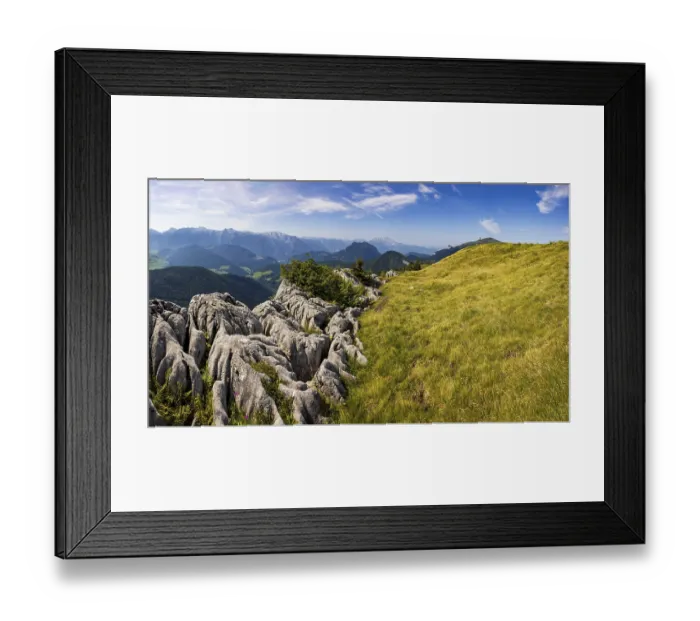 Framed Print : At the summit of Alpbichl with a view of the Lammertal and Tennengebirge mountains