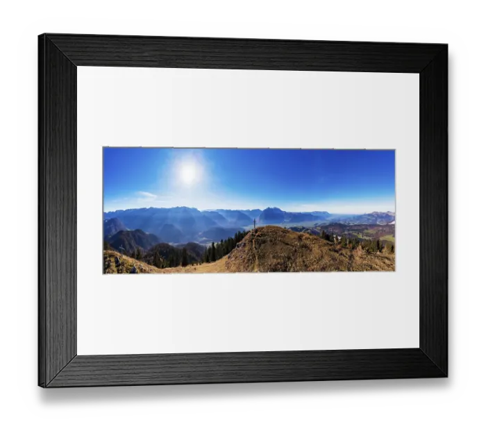 Framed Print : Drone shot, summit cross on Schwarzer Berg with view of the Salzach valley with Hagengebirge and Hohe Goell