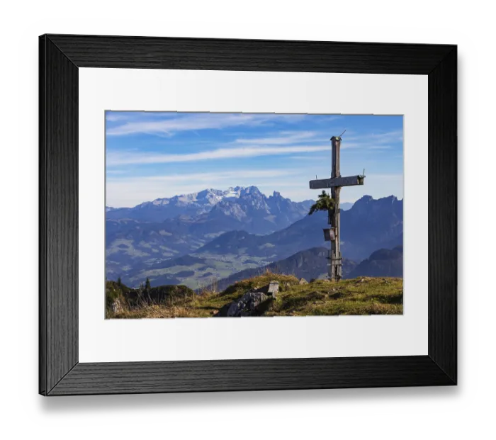 Framed Print : Old summit cross on the Schwarzer Berg with a view of the Lammertal valley and Dachstein massif
