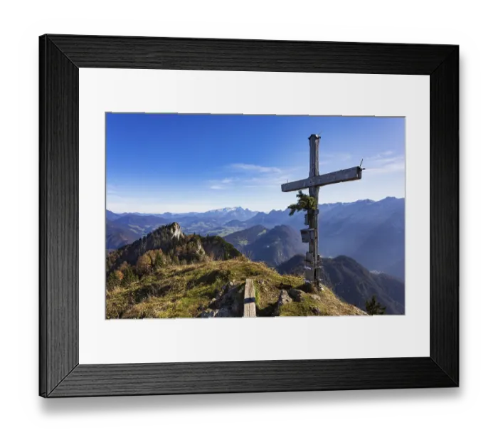 Framed Print : Old summit cross on the Schwarzer Berg with a view of the Gschirrwand Lammertal and Dachstein massif
