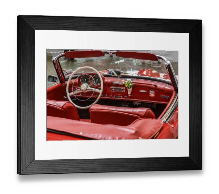 Framed Print : View into interior of convertible classic car Mercedes SL 190 with red leather