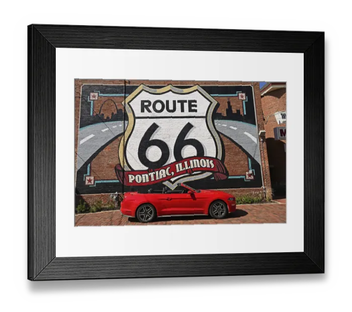 Framed Print : Red Ford Mustang convertible in front of the mural with the motif Route 66