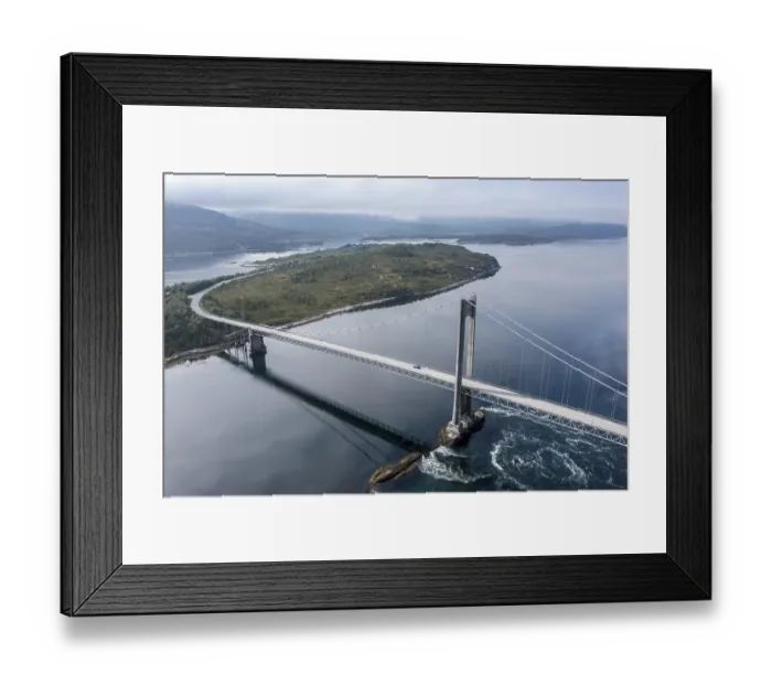 Framed Print : Aerial view of suspension bridge over fjord Efjord