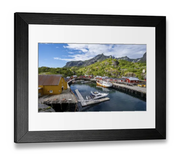 Framed Print : Harbour with fishing boat, Rorbu cabins
