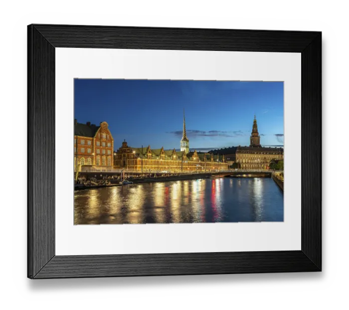 Framed Print : The former Borsen stock exchange on Holmens Canal at dusk Framed Print : The former Borsen stock exchange on Holmens Canal at dusk