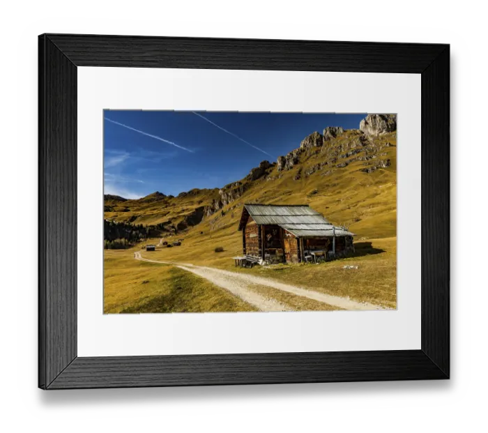 Framed Print : Trail with alpine hut and South Tyrolean mountains Framed Print : Trail with alpine hut and South Tyrolean mountains