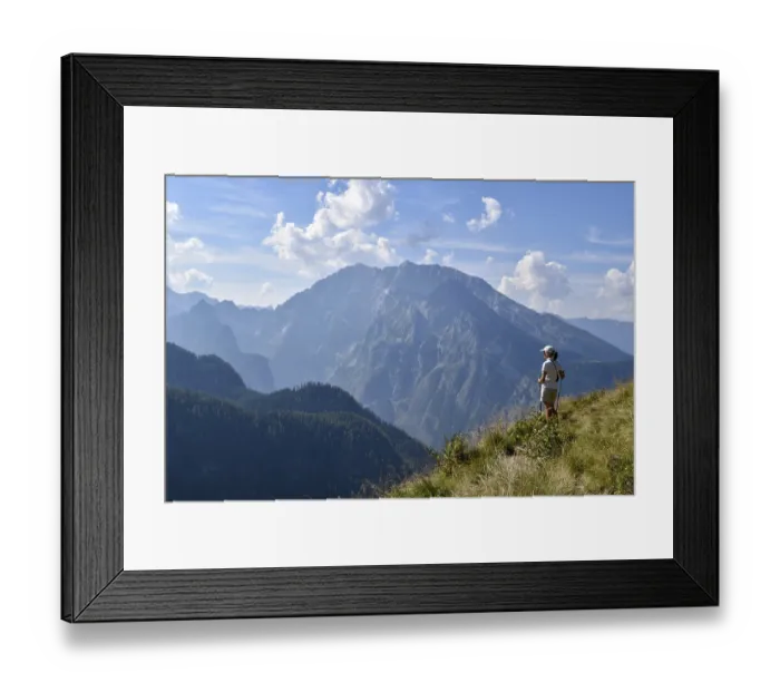 Framed Print : Hiker enjoying the view from the Rossfeldern to the Watzmann Framed Print : Hiker enjoying the view from the Rossfeldern to the Watzmann