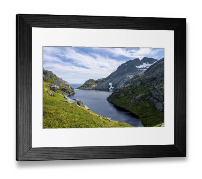 Framed Print : Mountain landscape with sea and lake Fjerddalsvatnet