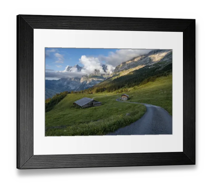 Framed Print : Evening mood, path leads to mountain huts