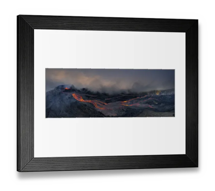 Framed Print : Aerial view, erupting volcano with lava fountains and lava field Framed Print : Aerial view, erupting volcano with lava fountains and lava field