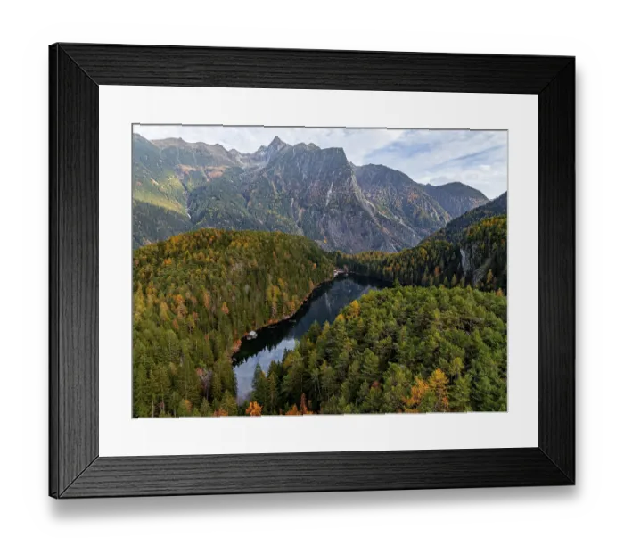 Framed Print : Aerial view, mountain peaks of the Oetztal Alps reflected in Lake Piburger See