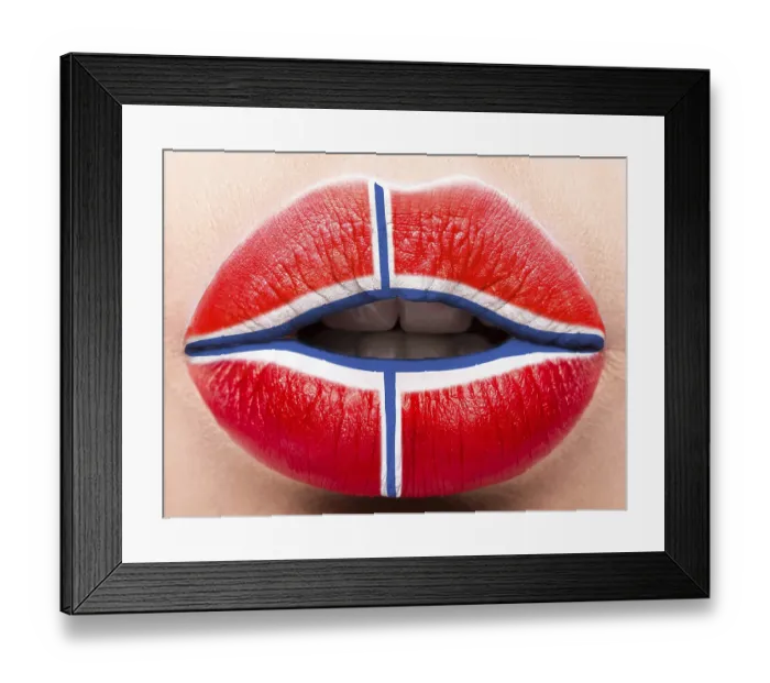Framed Print : Female lips close up with a picture of the flag of Denmark