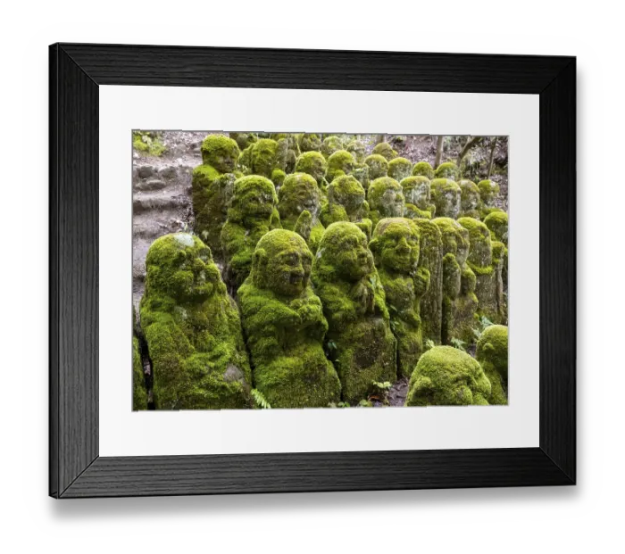 Framed Print : Moss-covered stone statues of rakans