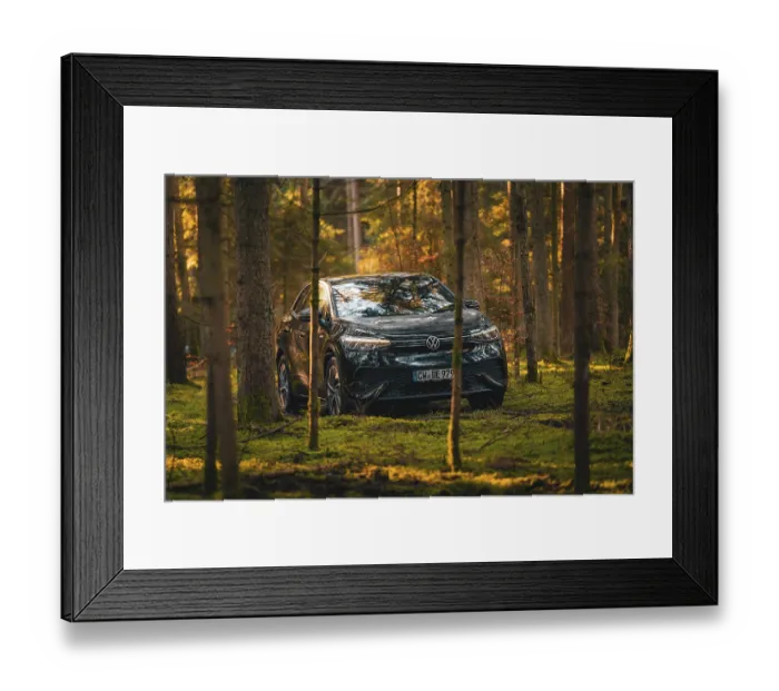 Framed Print : Black car between trees in the forest