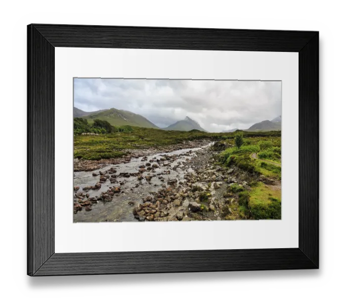 Framed Print : Cloudy Mountains, Riverbed, Sligachan