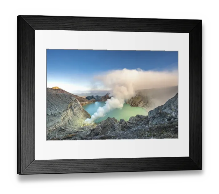 Framed Print : Volcano Kawah Ijen, volcanic crater with crater lake and steaming vents Framed Print : Volcano Kawah Ijen, volcanic crater with crater lake and steaming vents