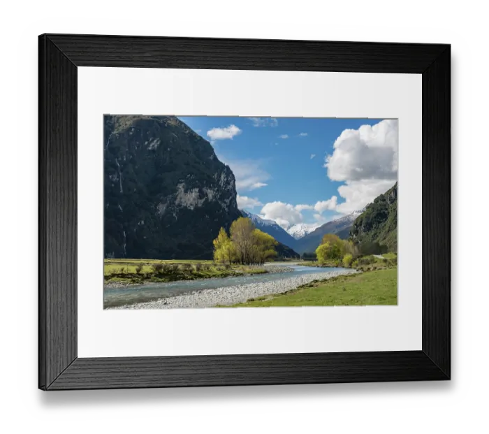 Framed Print : Matukituki River, snow covered mountains