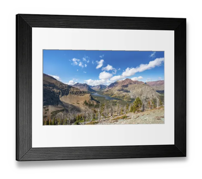 Framed Print : View of Two Medicine Lake, hiking trail to Scenic Point